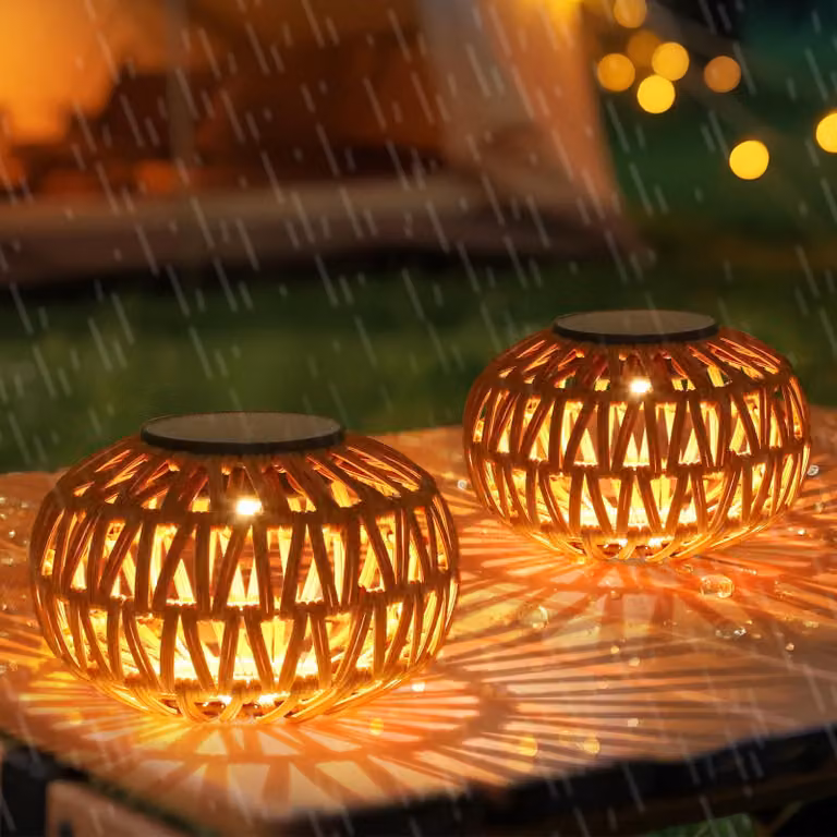 Set di 2 lanterne solari in rattan, lampada da tavolo da esterno in stile bohémien, con tecnologia LED