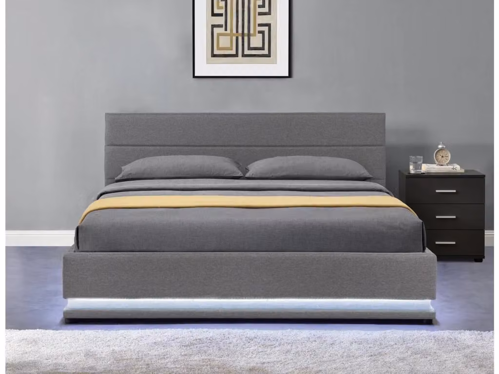 Letto Anastasia con contenitore e illuminazione LED in tessuto grigio, L/P/H: 180 x 200 x 213 cm – 2