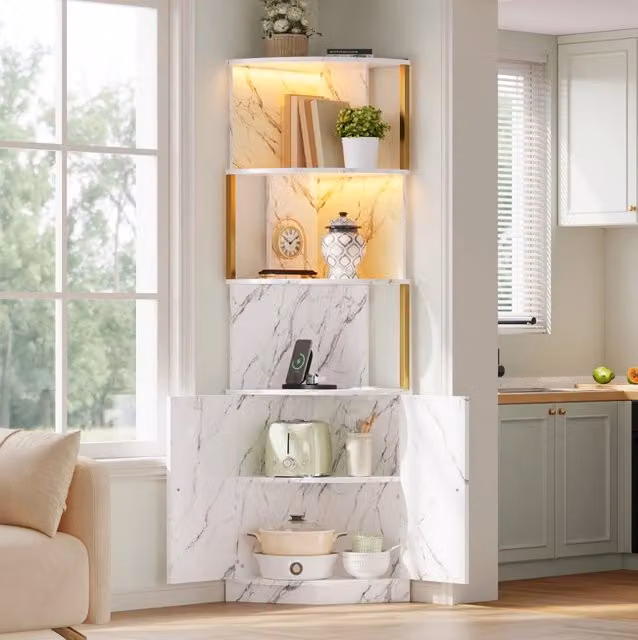 Mobile angolare in MDF con illuminazione LED e prese, 2 ante, 38x38x180 cm per cucina e soggiorno