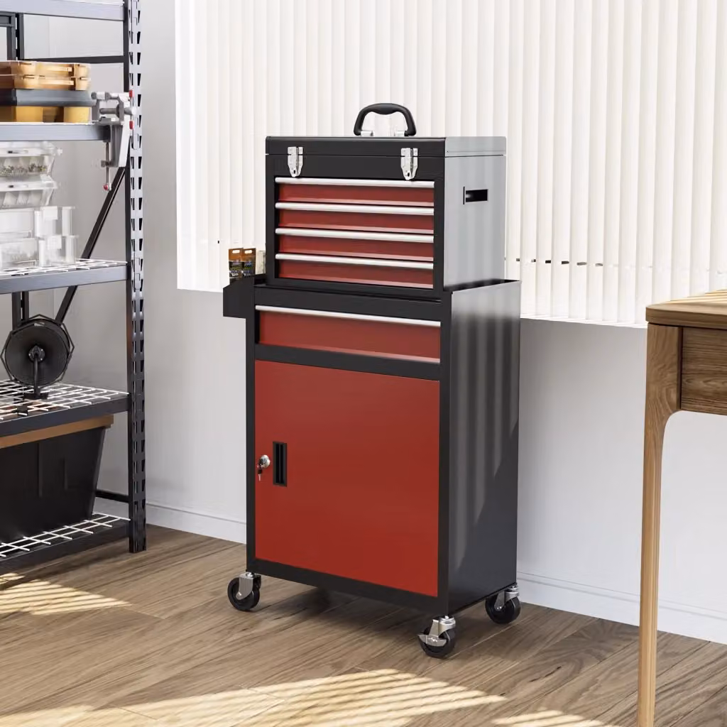 Carrello da officina Weimin in acciaio con 5 cassetti, nero e rosso, con ruote bloccabili – 2
