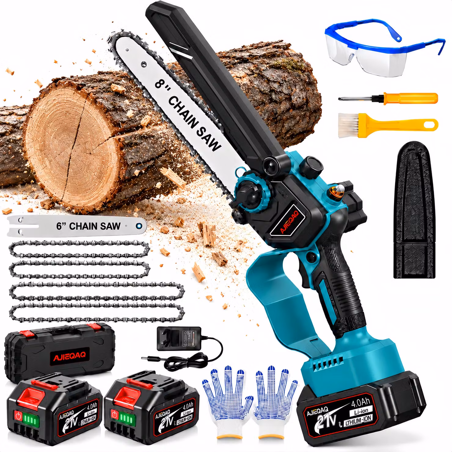 Motosega a Batteria 2 in 1 1000W 6/8", Brushless, Mini Motosega con 2×21V 4,0Ah, 15 m/s, Lubrificazione Automatica, Tensione Catena Senza Attrezzi