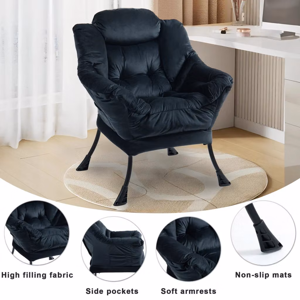 Poltrona relax OKWISH nera con tasca laterale, supporto per il collo, struttura in metallo e schiuma ad alta densità – 2