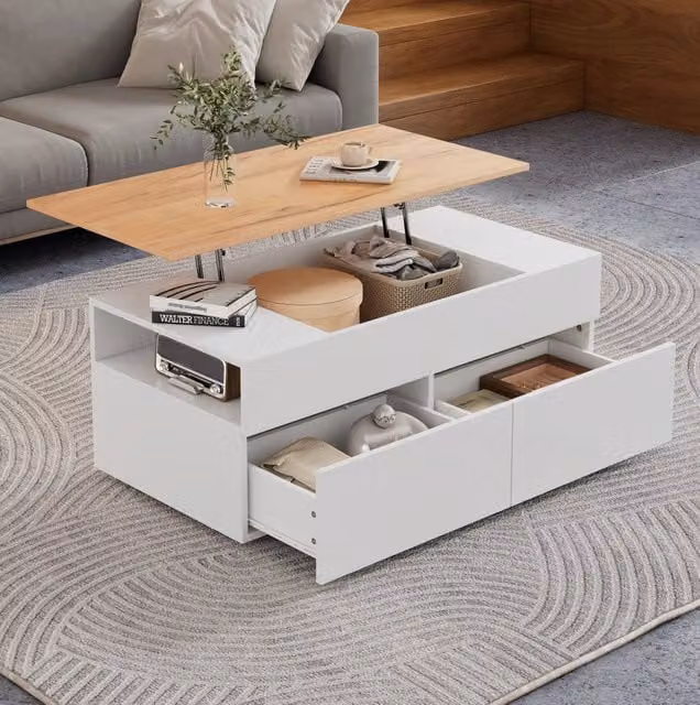 Tavolino da salotto ULEVR 100x50x40 cm con piano sollevabile, 2 cassetti e vani semiaperti, bianco effetto legno