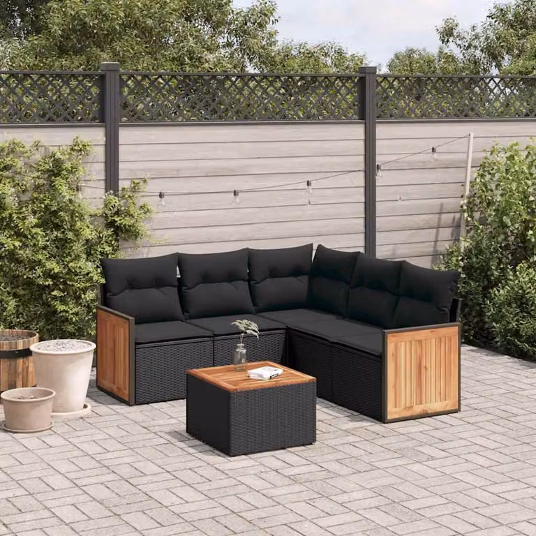 vidaXL Set Divano da Giardino 6 pz a L in Polyrattan Nero con Cuscini e Tavolino