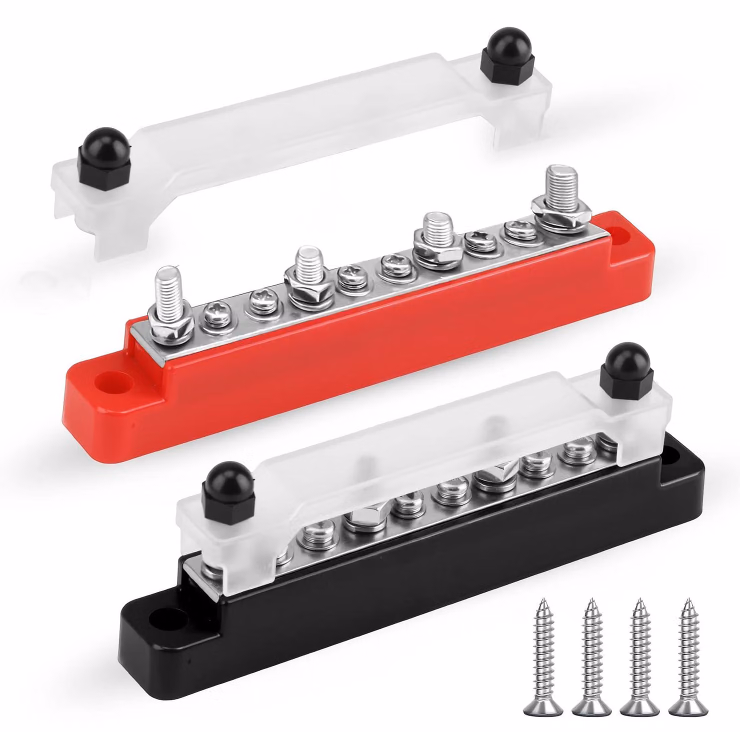 2 guide di collegamento, blocco di distribuzione, 12-48 V DC, blocco di distribuzione di corrente da 150 A con viti M6 e viti M4