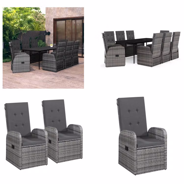 vidaXL Set da pranzo da giardino 9 pezzi con cuscini grigio - Set da pranzo da giardino - Gruppi da pranzo da giardino - Set di mobili da giardino - Set di mobili da giardino