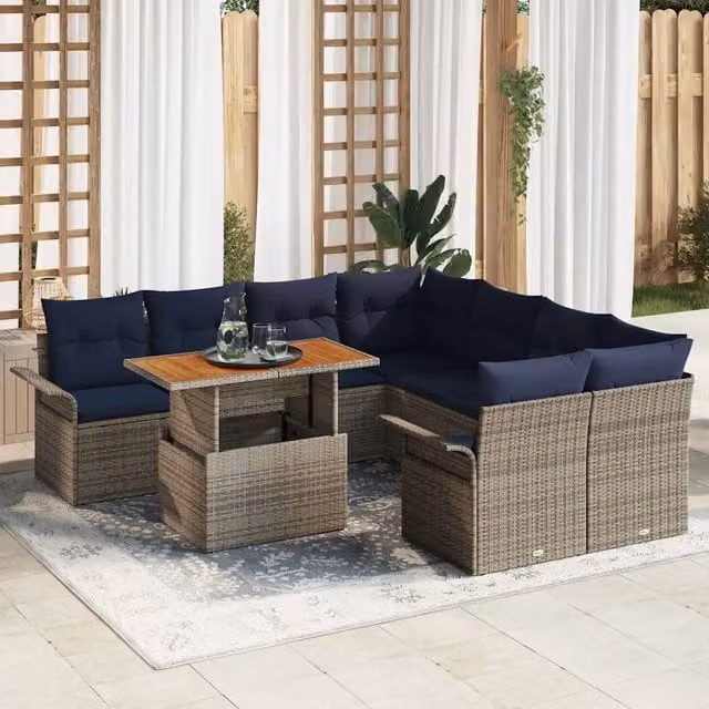 Set Divano da Giardino 9 pz Grigio e Blu Navy polyrattan 3349317
