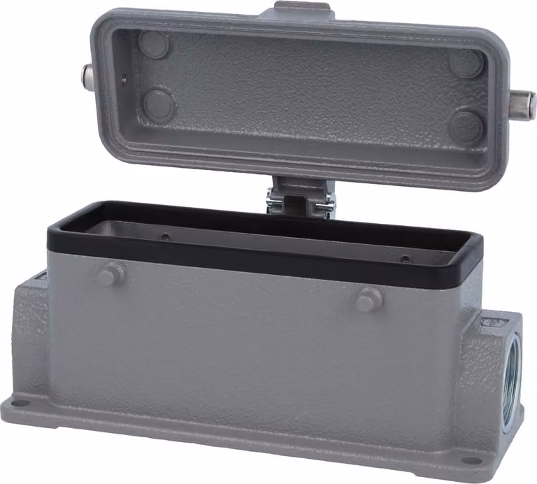 HARTING Han 24B Base bassa, 2xM25 uscita cavo laterale, per 2 staffe (nella parte superiore) con cappuccio protettivo in metallo -