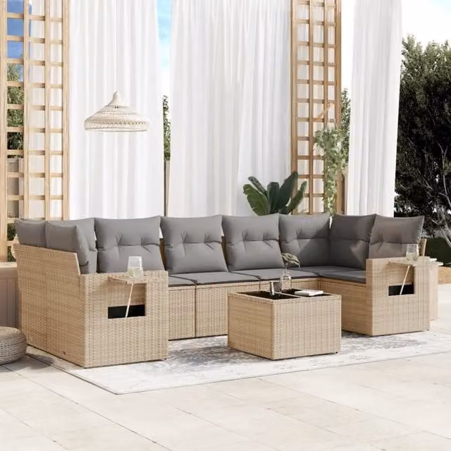 vidaXL Set Divano da Giardino 8 pz in Polyrattan con Cuscini Beige e Tavolino da Esterno
