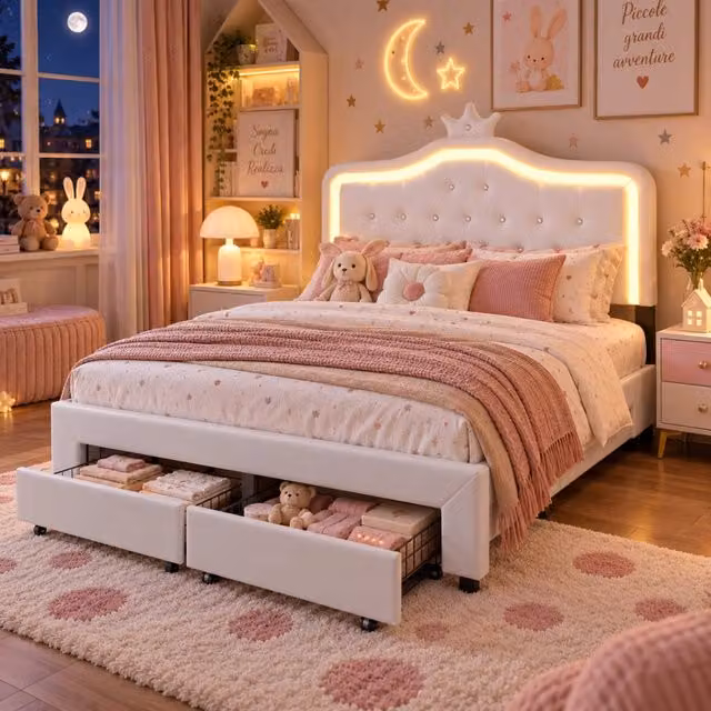 Letto Matrimoniale Bambini 140x200 cm, Letto Contenitore Imbottito con 2Cassetti, Testiera Regolabile, Stile Principessa, Rete a Doghe, Senza Materasso, PU, Bianco