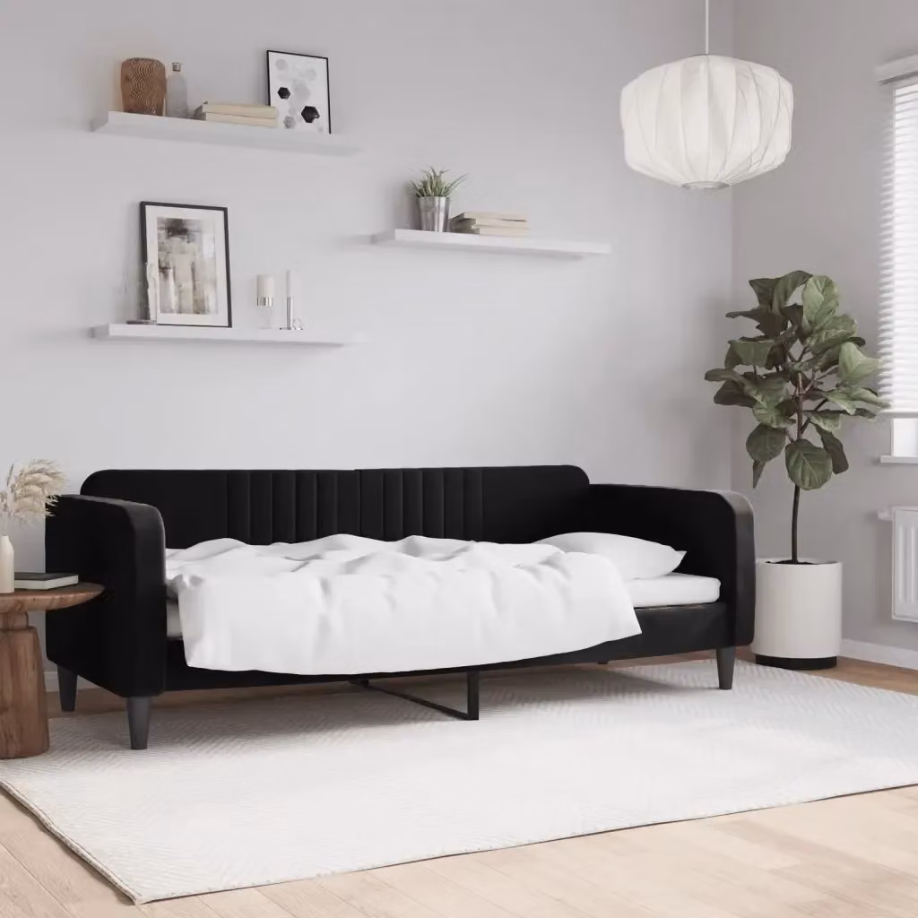 Letto singolo moderno in velluto nero con braccioli per camera da letto o soggiorno L: 200 cm, P: 90 cm, H: 75 cm – 2