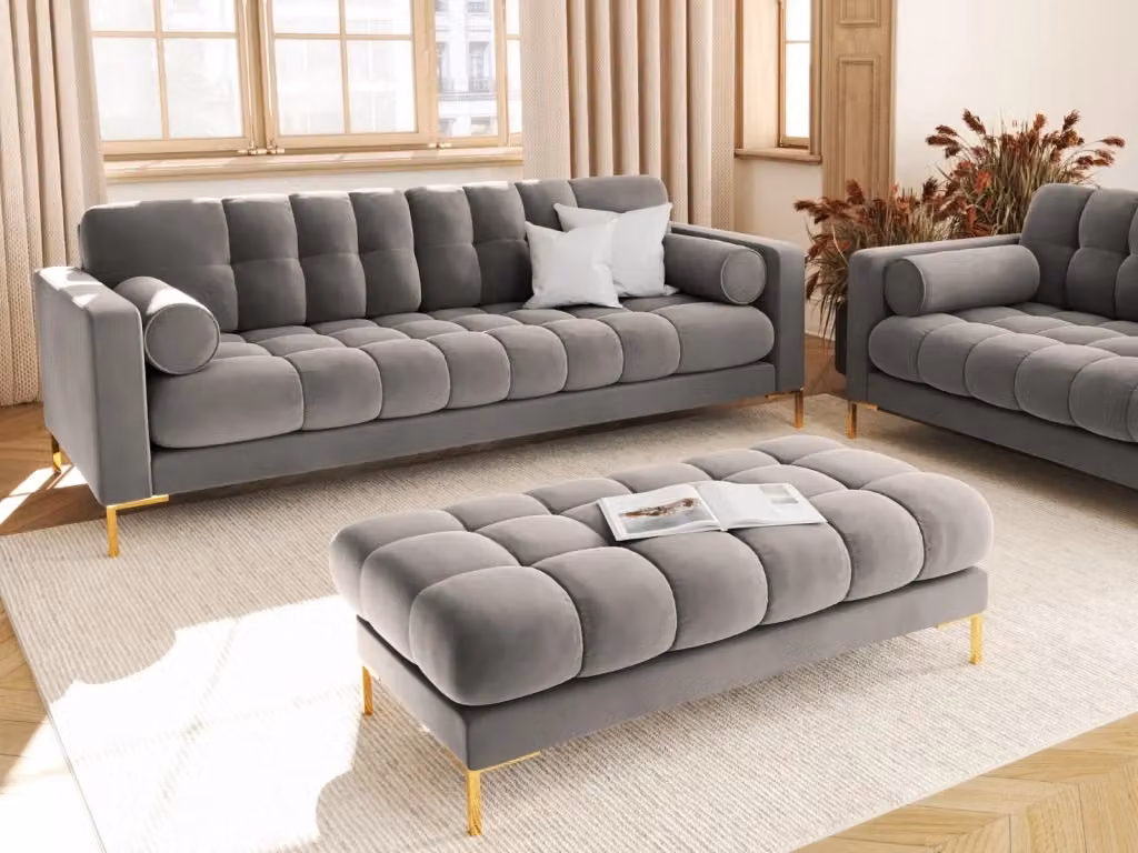 Divano 3 posti Bali Cosmopolitan Design in velluto grigio chiaro con cuscini e struttura in metallo L: 177 cm, P: 75 cm, H: 92 cm – 2