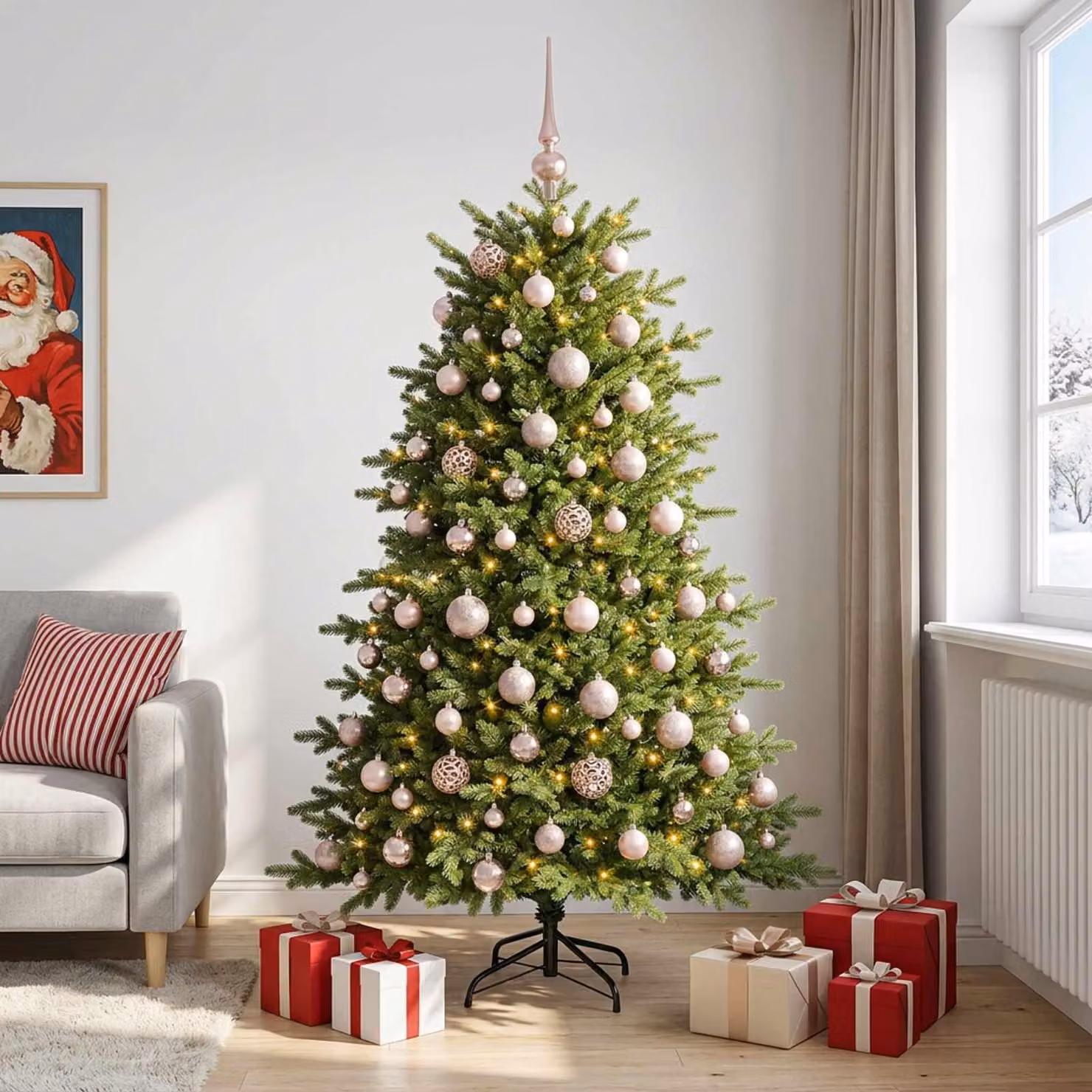 Albero di Natale artificiale con decorazioni a forma di sfera natalizia, altezza 210 cm, 300 luci LED