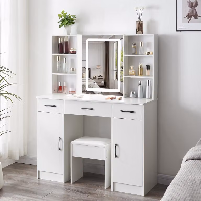 Comò con illuminazione a LED, bianco, 3 cassetti, in legno, ideale per la camera da letto, tavolo da trucco