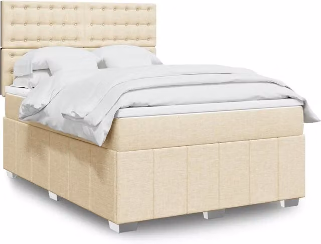 Letto Ibrido vidaXL con Giroletto a Molle e Materasso in Tessuto Beige e Bianco L 140 x P 200 cm