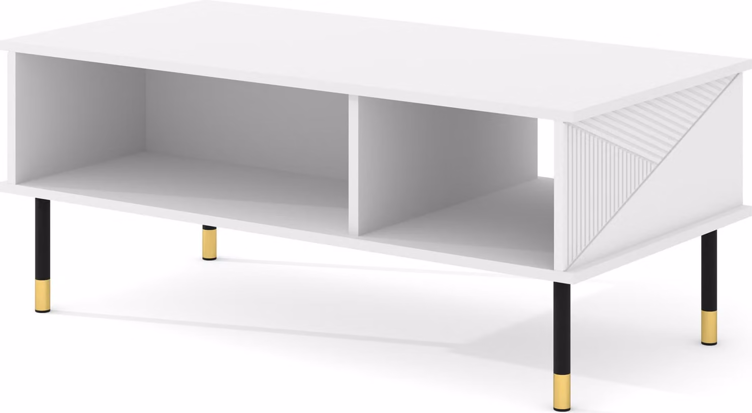 Tavolino WOODY WHITE, 110x55 cm, bianco opaco - Frontali lavorati, struttura in MDF - Tavolino con gambe