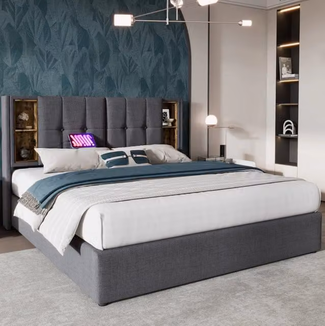Letto matrimoniale imbottito con contenitore; ricarica wireless; USB e Type-C; 160x200 cm; grigio