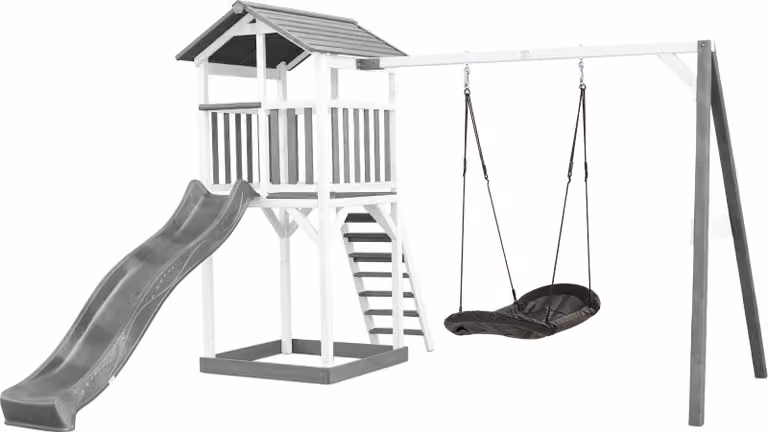 AXI Beach Tower parco giochi di legno in grigio e bianco | Torre di gioco con sabbiera, altalena a nido e scivolo grigio | Casa per bambini su palafitte per il giardino