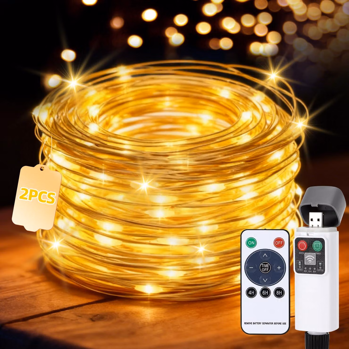 Catena luminosa da 15 metri, con 150 LED, luce bianco caldo, alimentazione USB, grado di protezione IP54, confezione da 2