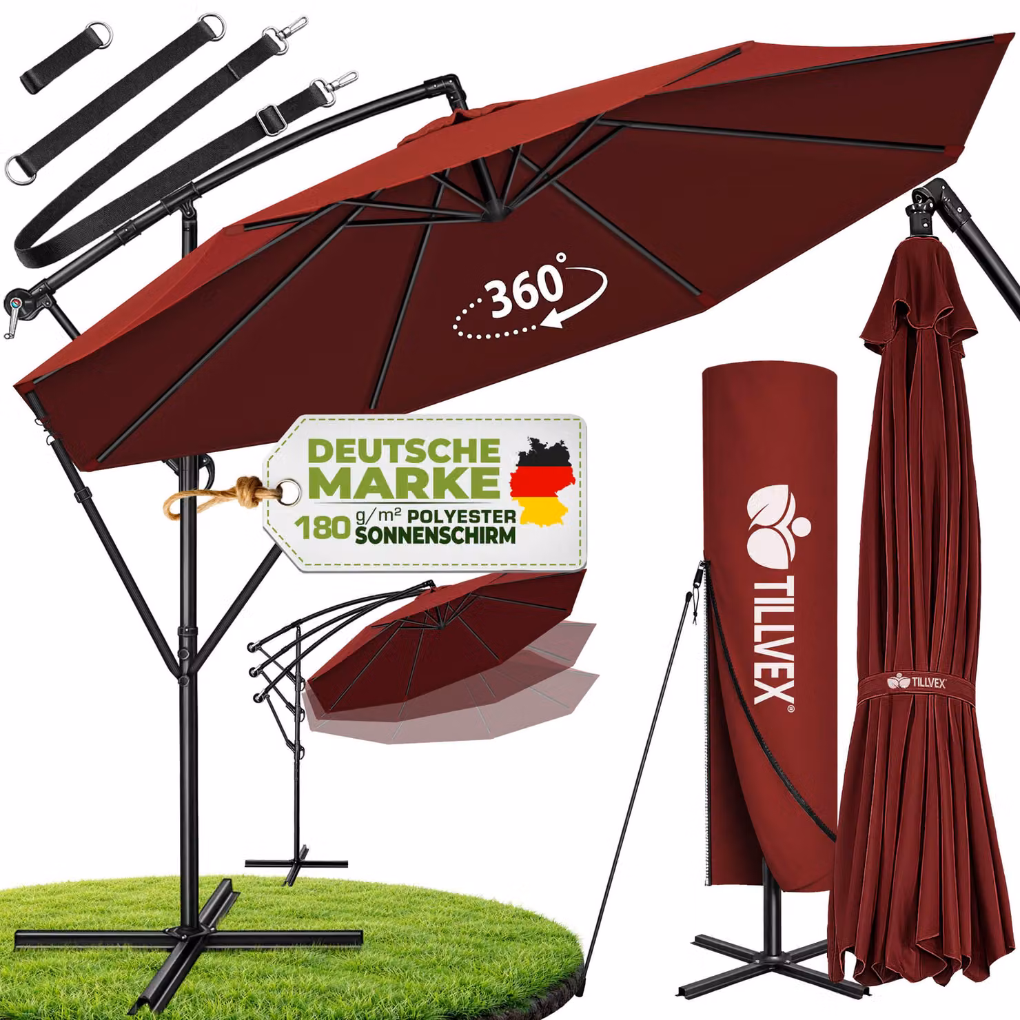 tillvex ombrellone rosso Ø 300 cm ombrellone pensile da giardino ombrellone da mercato ombrellone a manovella balcone alluminio inclinabile