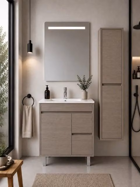 Mobile bagno con lavabo ORIGENBATH ISQUIA senza specchio 60x35 cm rovere smoky con colonna