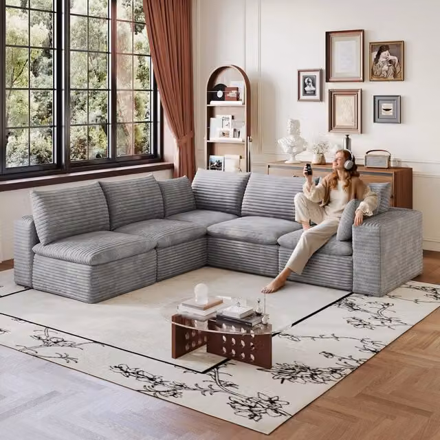 Divano Cloud 340cm ¨C MINIMAL ¨C Tessuto Velluto a Coste, Grigio Scuro, Imbottito, Sfoderabile