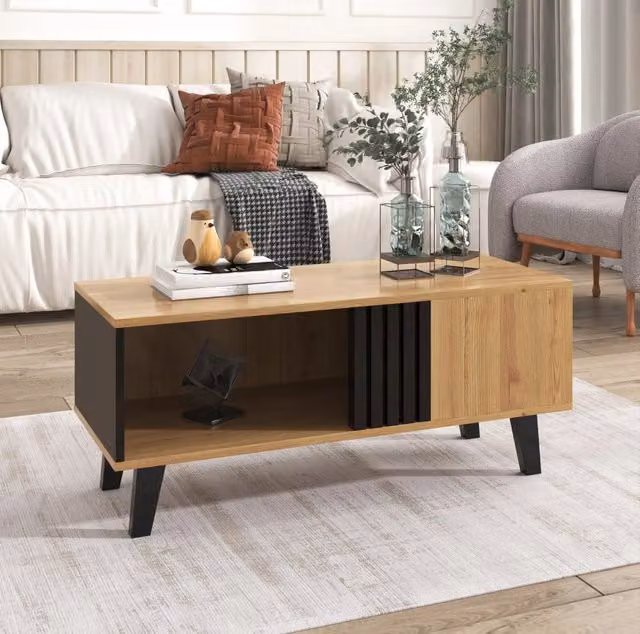 Tavolino da caffè moderno MODFU rettangolare in vetro e legno, colori marrone e nero, L 100 cm x P 60 cm x H 45 cm