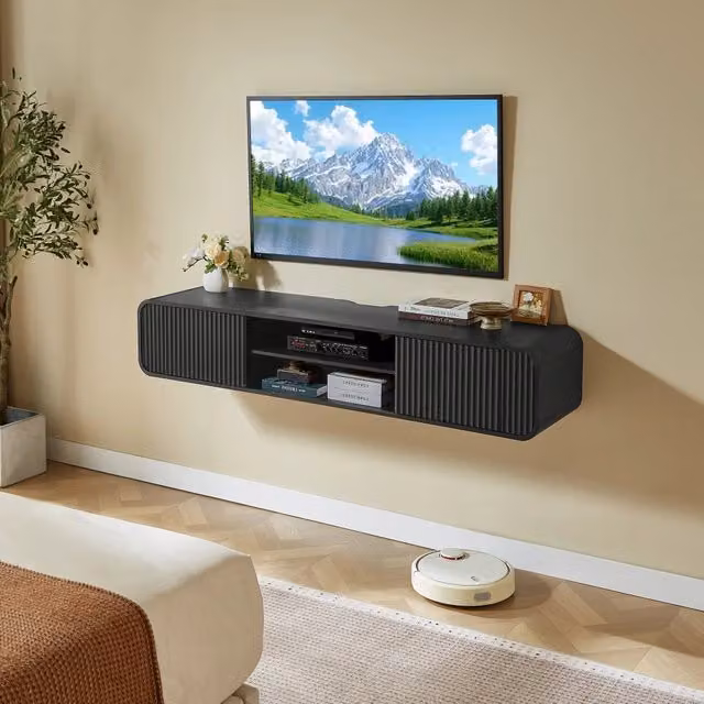 Mobile TV sospeso 160x38x30 cm con vani aperti e passacavi in truciolare nero
