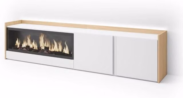 Mobile TV Soggiorno, 212x50x35 cm, Per TV fino a 80", Camino elettrico XXL, LED, Bianco e Rovere soft