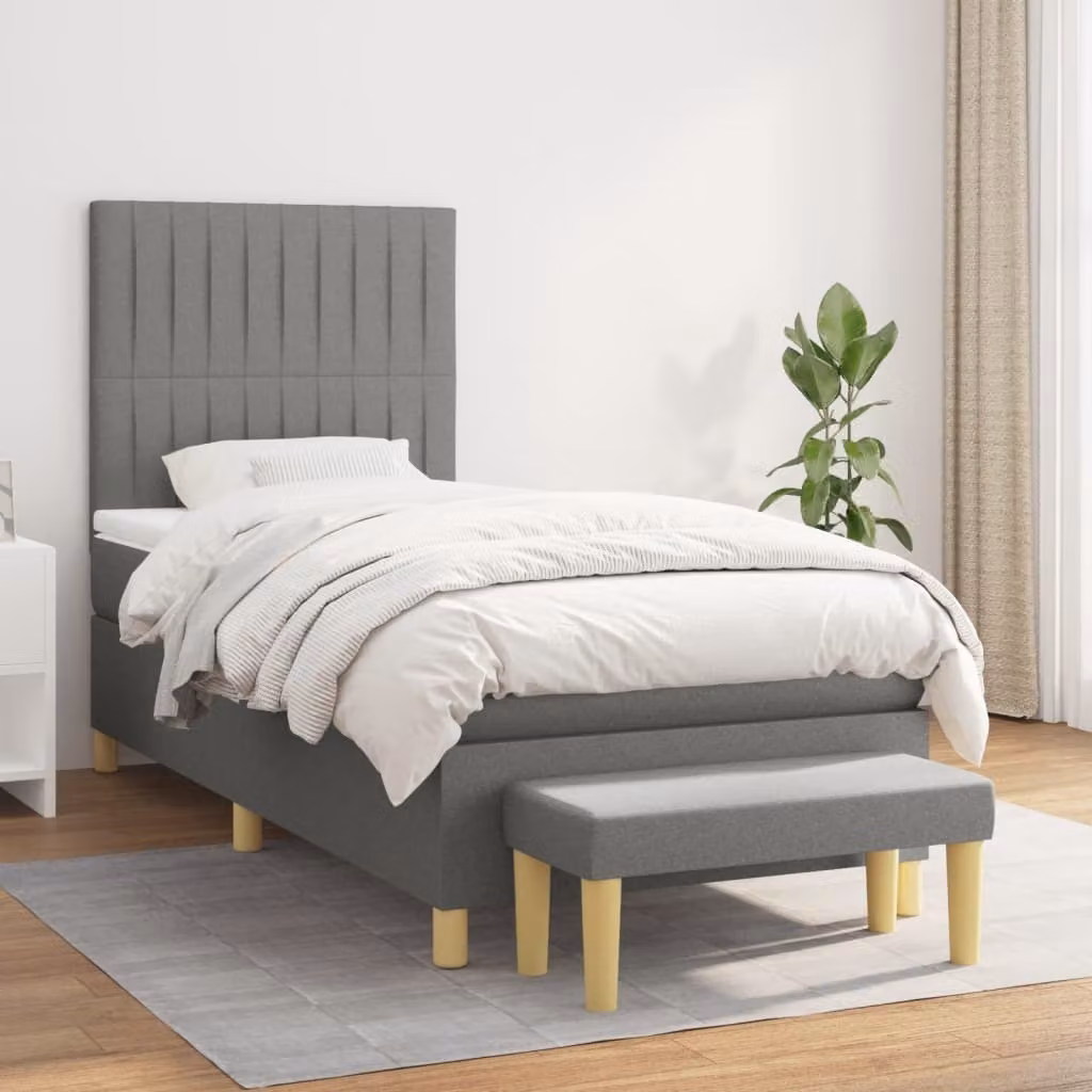 The Living Store Letto a molle con materasso grigio scuro 100x200 cm in tessuto