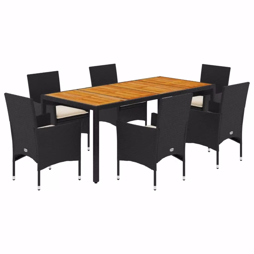Set Pranzo da Giardino vidaXL in Polyrattan e Legno di Acacia Nero con Cuscini Beige, 7 Pezzi – 2