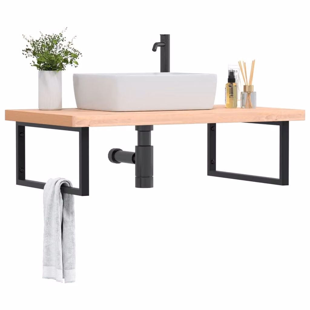 vidaXL Ripiano a Parete per Lavabo in Faggio e Metallo, Nero e Marrone, L: 60 cm, P: 25 cm, H: 3 cm