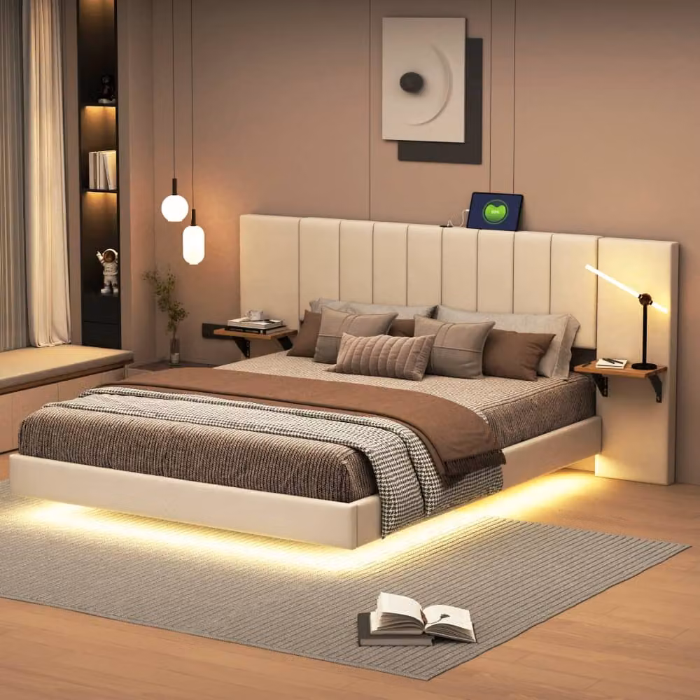 Letto imbottito AIORBER, 140x200 cm, con illuminazione LED, con porta di ricarica USB, letto matrimoniale, tessuto di lino, testiera allungata, struttura in metallo, beige