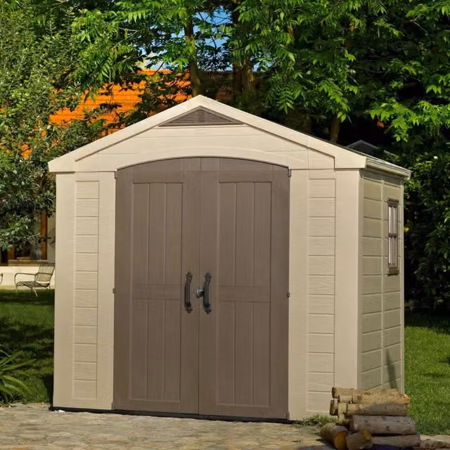 Casetta da giardino Weyburn DMORA, capanno da esterno e ripostiglio per attrezzi in plastica con doppia porta e finestra, Beige, L: 257 cm, P: 182 cm, H: 243 cm – 1