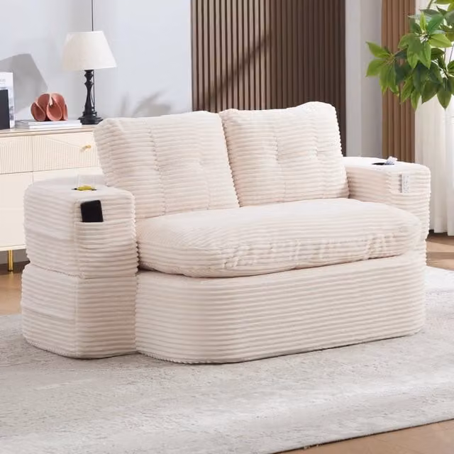 Poltrona letto con braccioli rimovibili e portabicchieri in velluto a coste beige