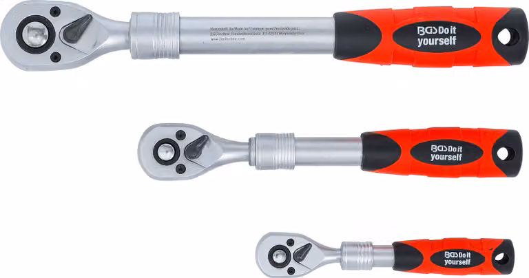 Set di cricchetti reversibili | estensibili | uscita a comando quadro esterno 6,3 mm (1/4") - 10 mm (3/8") - 12,5 mm (1/2") | 3 pz.