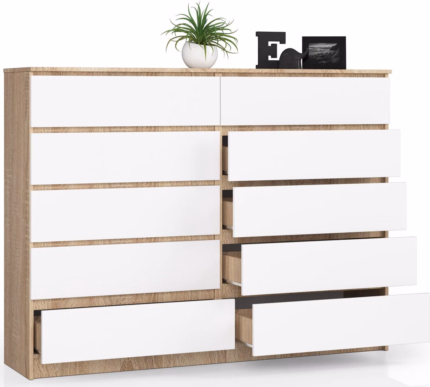 Cassettiera BDW, 10 cassetti, ampio spazio per lo stoccaggio, soggiorno, rovere Sonoma / bianco