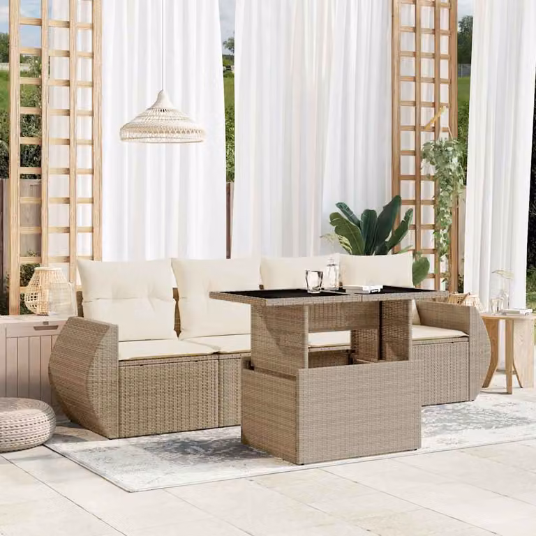 Set Divano da Giardino vidaXL 5 pz con Cuscini Beige e Tavolino in Vetro e Metallo