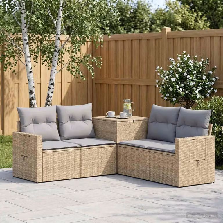 Set di divani da giardino vidaXL a forma di L in polyrattan con cuscini beige e grigio