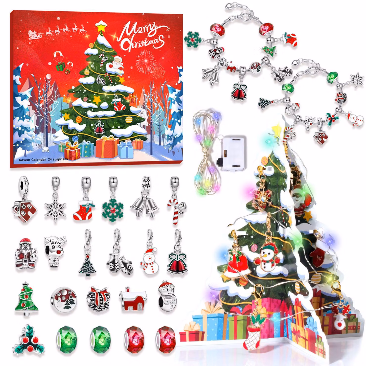 Calendario dell'Avvento a tema braccialetti 2026 - Calendario fai-da-te per gioielli - 24 giorni di attesa - Braccialetto con cristalli per bambini - 24 ciondoli e 2 braccialetti - Confezione regalo