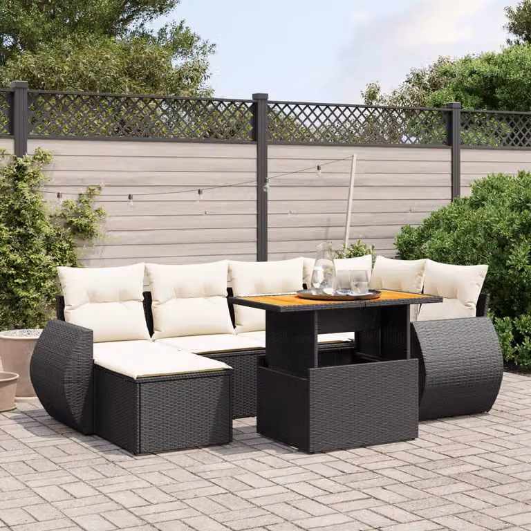 vidaXL Set Divani da Giardino Moderno in Polyrattan Nero con Cuscini e Tavolino da 7 Pezzi