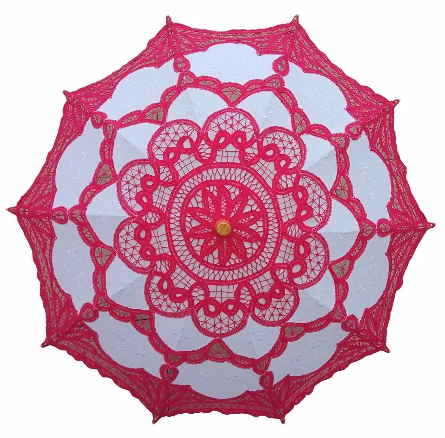 Ombrello elegante, realizzato a mano, ideale per matrimoni, per la sposa. Colore: fucsia e bianco. Dimensioni: 76,2 cm