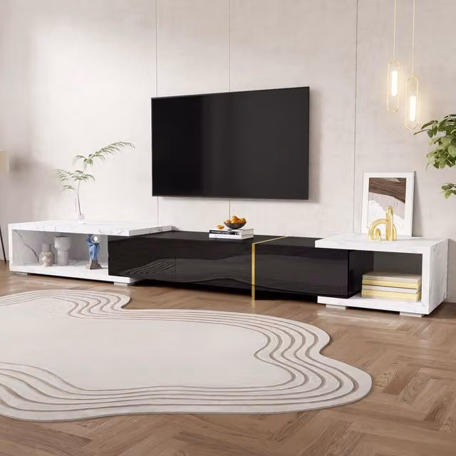 Mobile TV moderno - Zephmum- Lunghezza variabile 140-260 cm, rotante, finitura marmo bianco e nero lucido