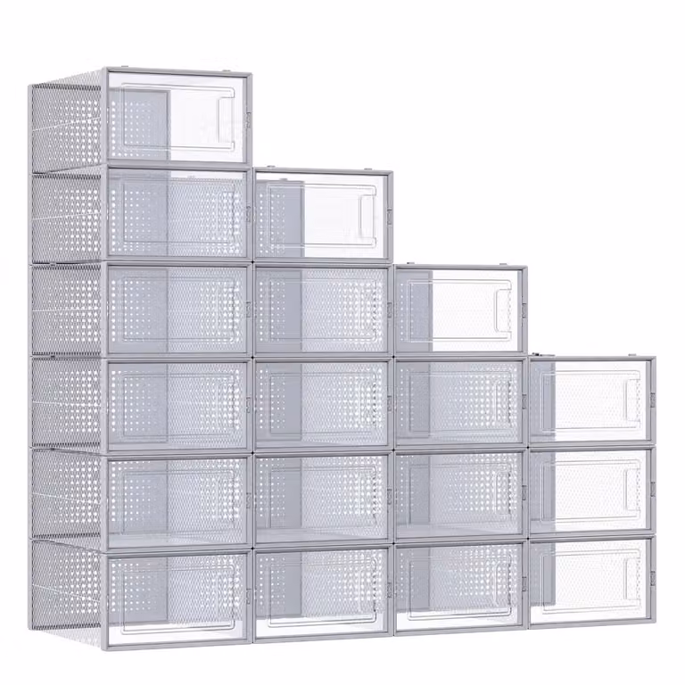 Set di 18 Scatole per Scarpe Trasparenti Taglia M | SONGMICS, Trasparente + Grigio / M ( 33,5 x 23,2 x 14,3 cm )