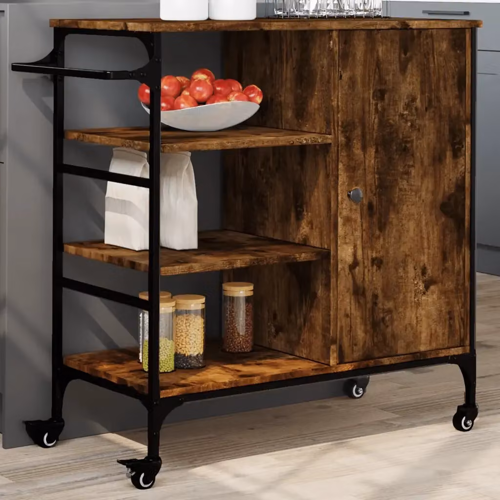 Carrello da cucina in legno multistrato Rovere Fumo con ruote stile industrial L: 87,5 cm, P: 38,5 cm, H: 84,5 cm – 2