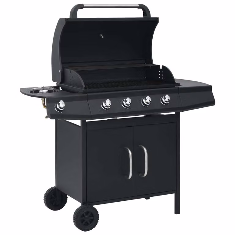 Barbecue a gas con 4 fuochi e piano di cottura in acciaio, colore nero