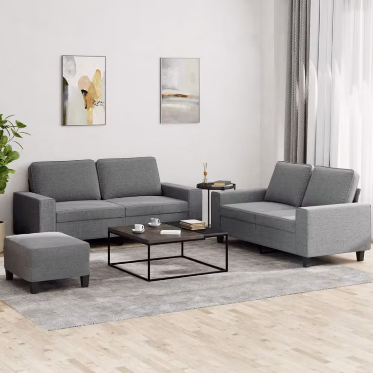 Set di divani 3 pezzi vidaXL in tessuto grigio con cuscini decorativi per soggiorno