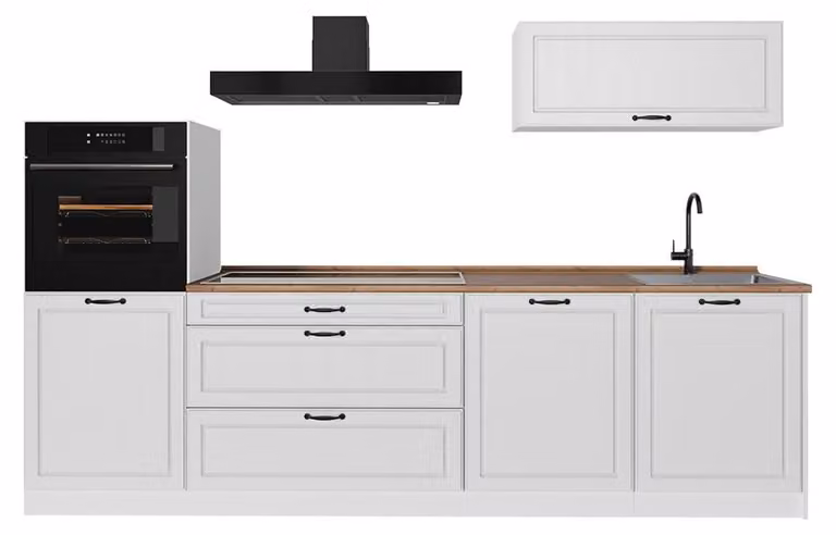 Cucina componibile Vicco R-Line Bianco country/Bianco 280 cm piano di lavoro Rovere dorato, Model 67999