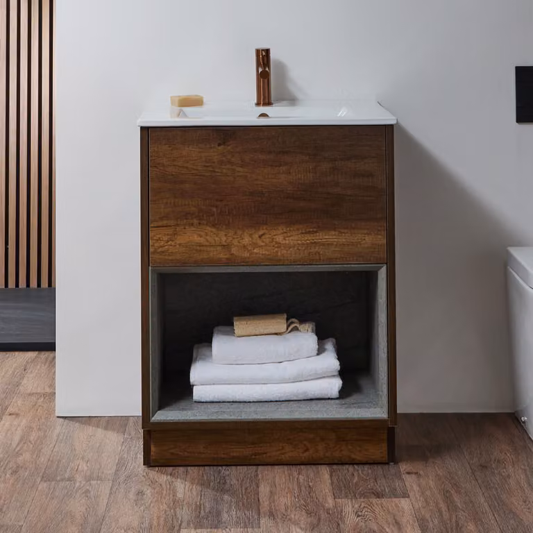 Mobile Bagno Con Ripiano Aperto 610mm Rovere Scuro Con Lavabo