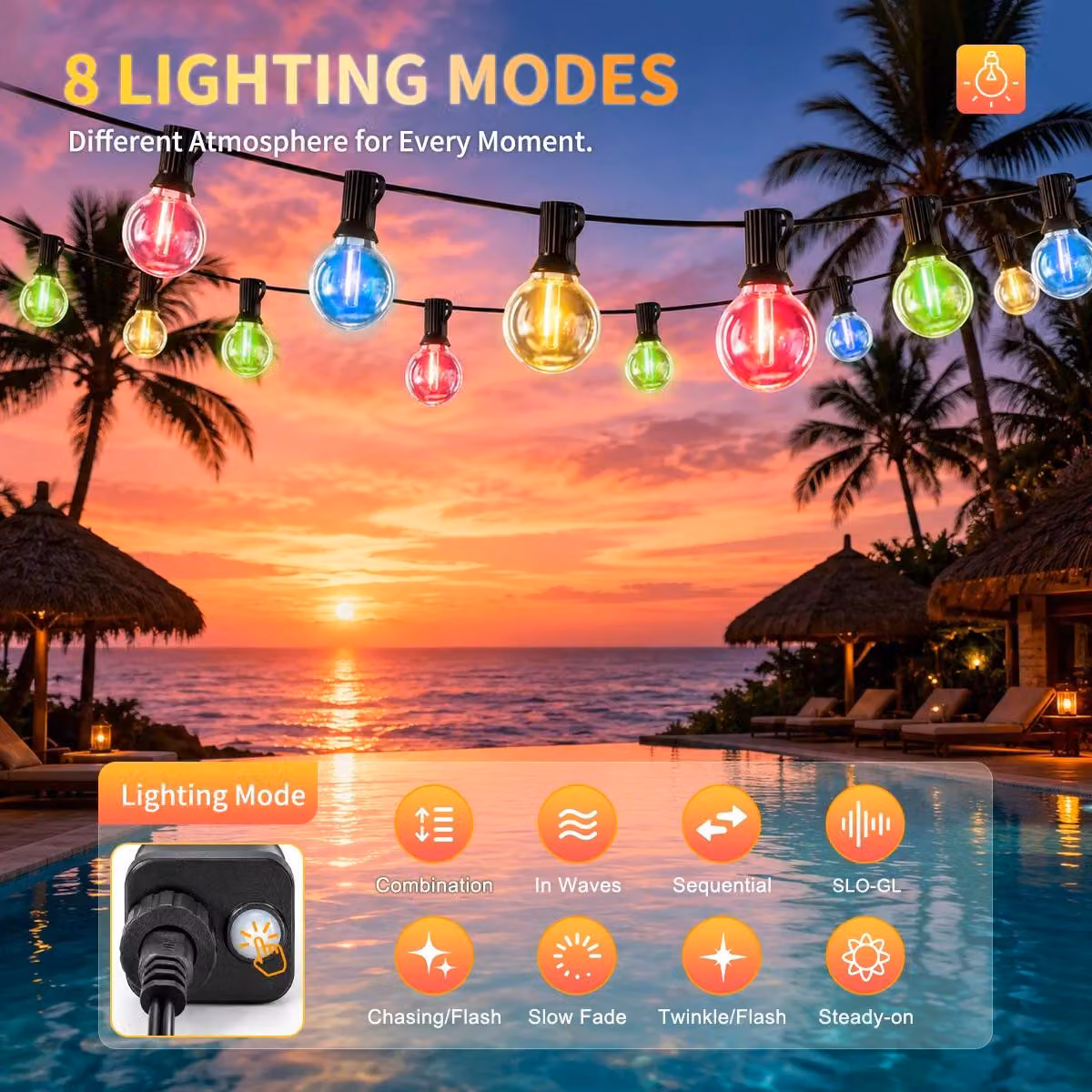 Catena luminosa LED G40 - Lampadine a forma di sfera - 30 metri - 50 lampadine LED - 8 modalità di illuminazione - Grado di protezione IP44 (resistente all'acqua) - Multicolore